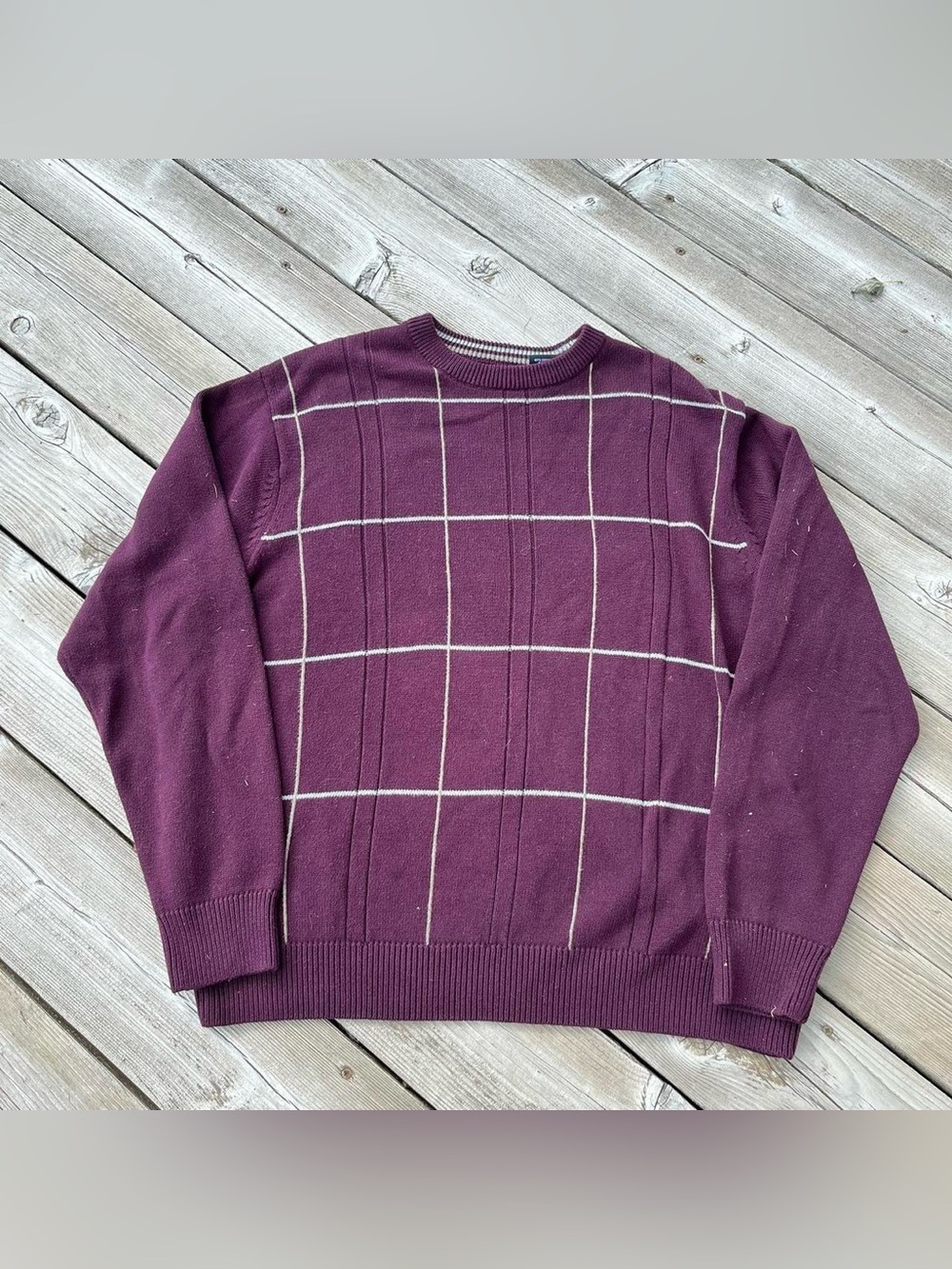 Haggar plum purple/grey plaid grandpa sweater